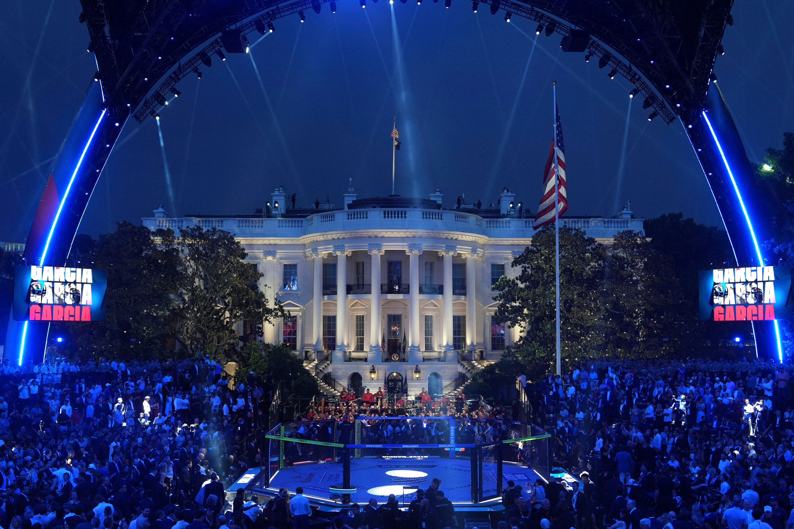 President Donald Trump arrives at the arena for the UFC Freedom 250 on the South Lawn of the White House, June 14, 2026, in Washington.