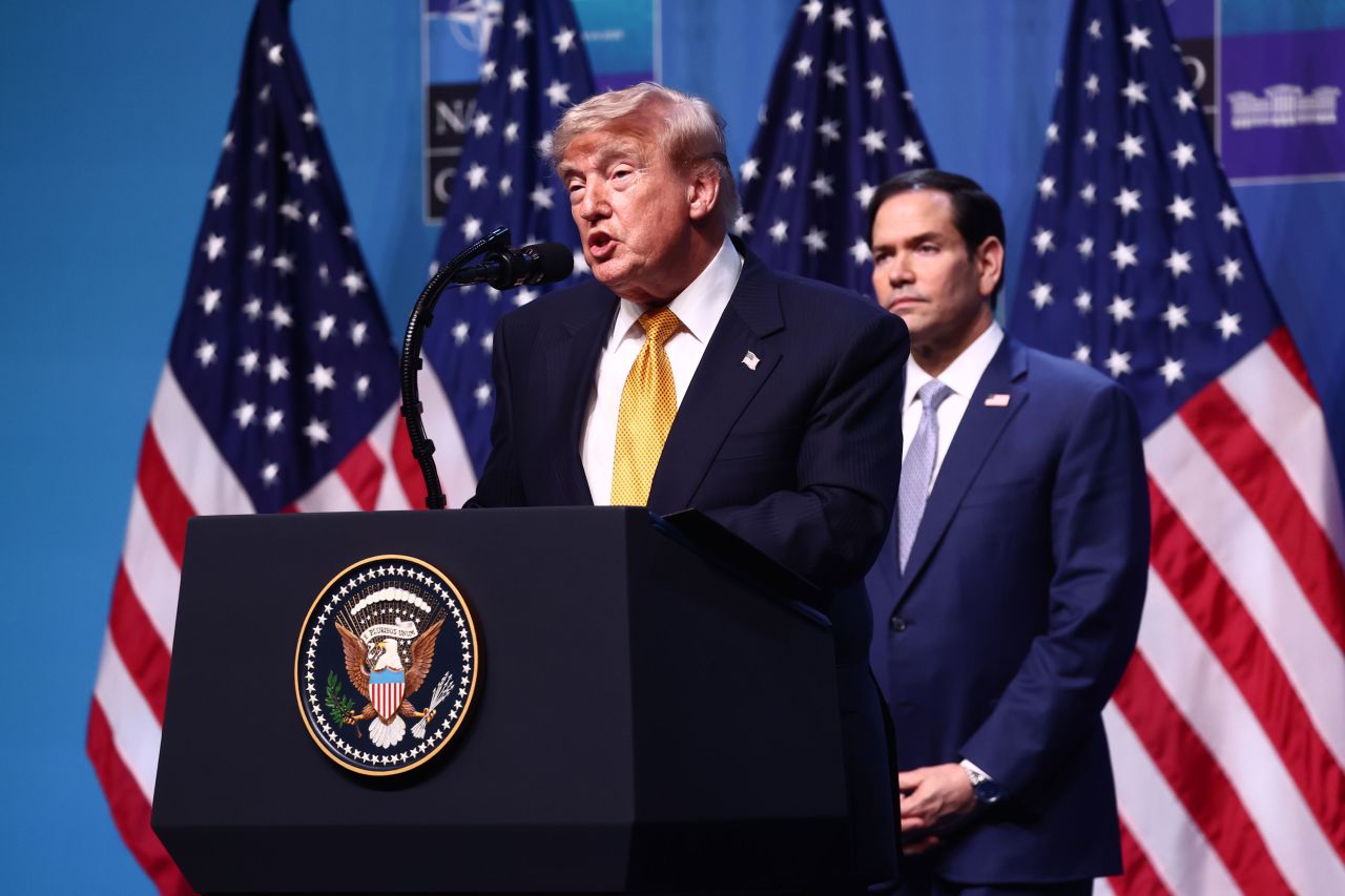 President Donald Trump and Secretary of State Marco Rubio during the press conference at the NATO Summit in Ankara, Turkey on July 8.