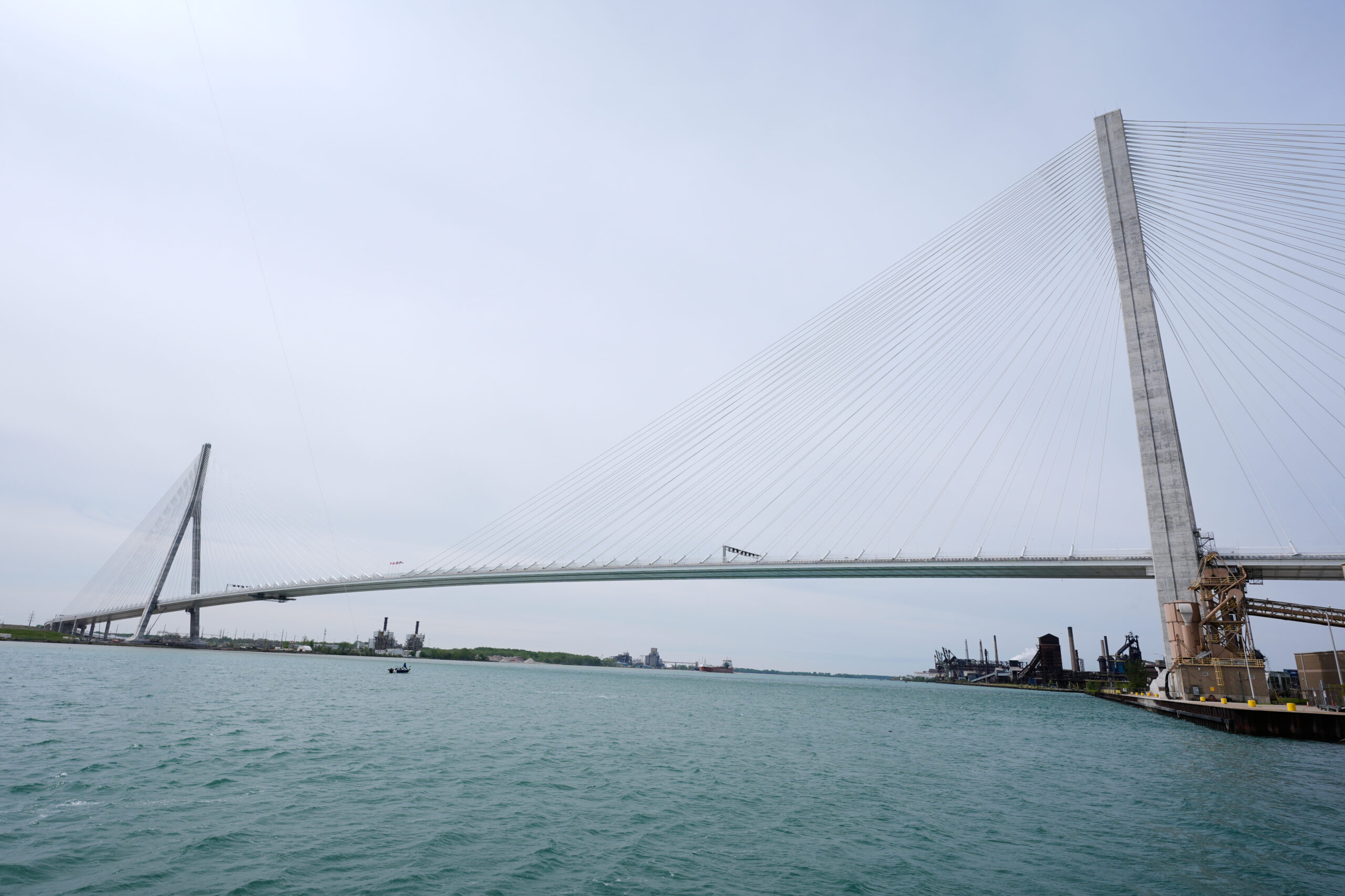 FILE - The Gordie Howe Bridge is shown under construction between Windsor, Ontario and Detroit, May 22, 2026.