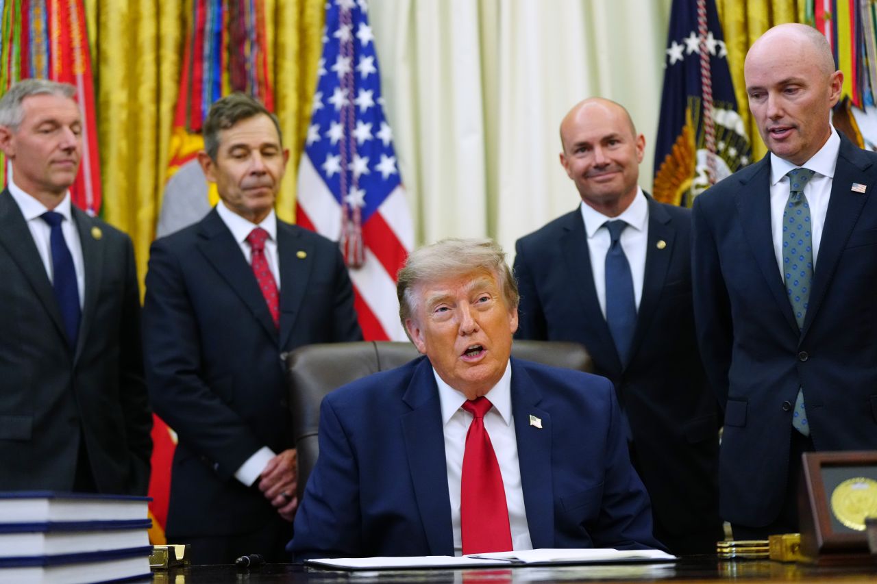 President Donald Trump speaks at the Oval Office of the White House, on Monday.