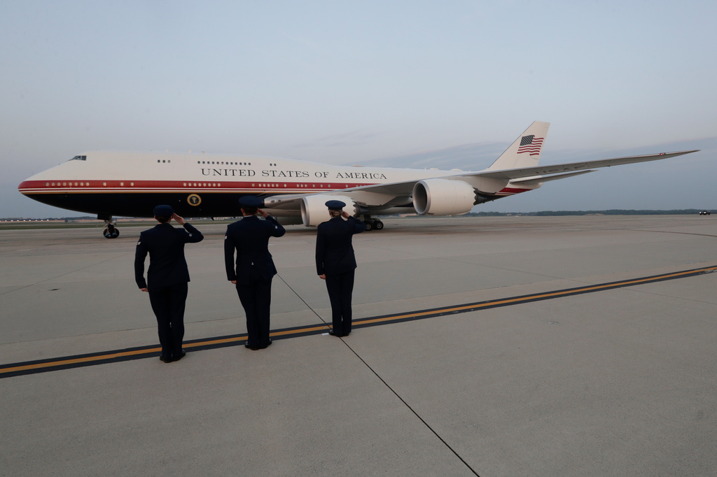 Air Force One with President Donald Trump on board taxis on the tarmac after landing at Joint Base Andrews, Md., Sunday, July 19, 2026.