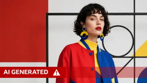 Meta An AI-altered image generated using Muse Image of a woman against a Bauhaus art background and wearing red blue and yellow, with black curly hair