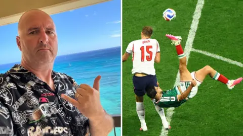 Jamie Druley/Reuters A split image divided by a white line in the middle. On the left is a man in a black Hawaiian style shirt standing in front of a blue ocean with his hand in the shaka pose. On the right is a picture of a football player in a green Mexico jersey doing a bicycle kick while a player in a white England jersey stands with his back to the camera.