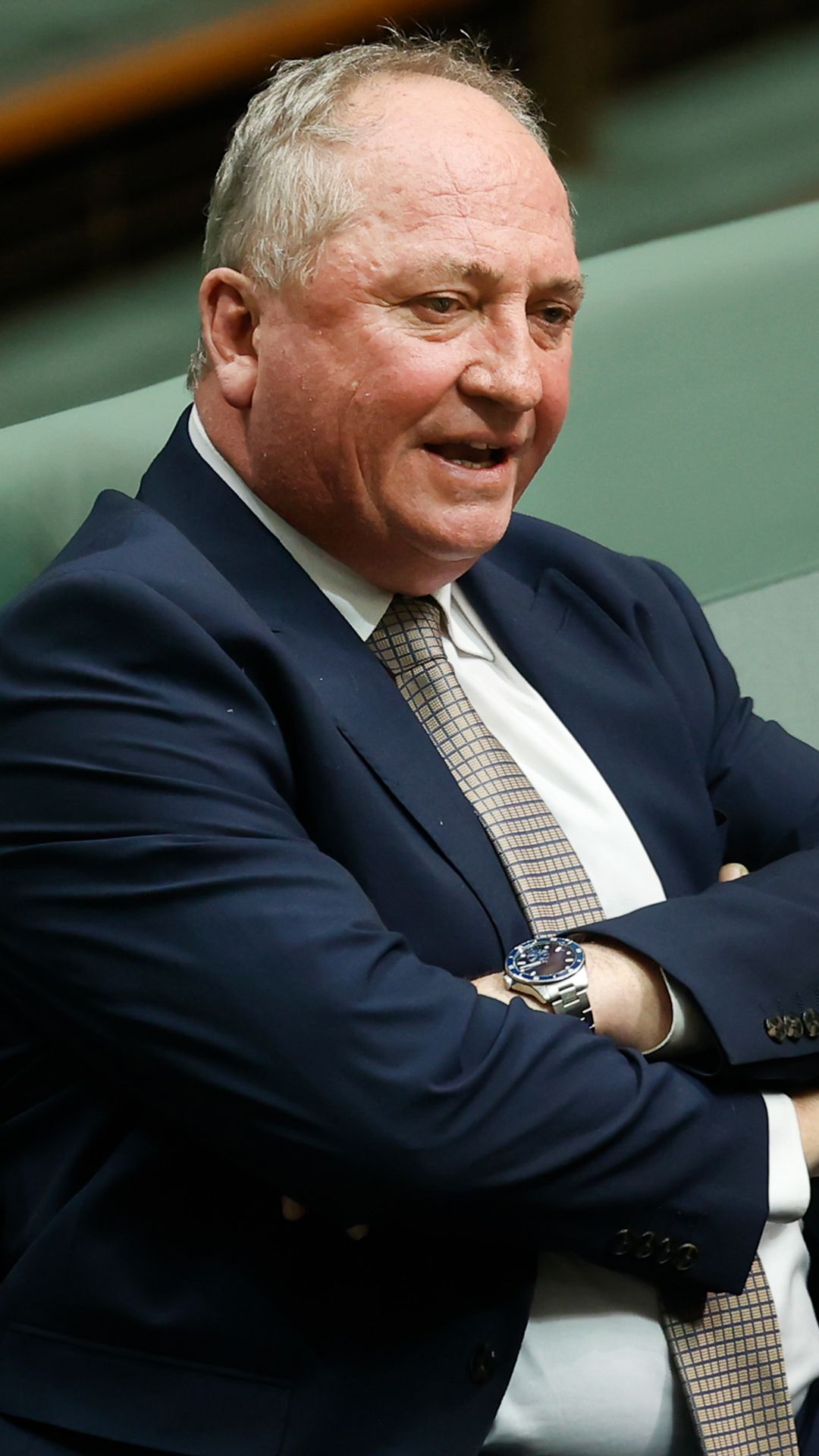 File Photo- One Nation member for New England Barnaby Joyce reacts during Question Time in the House of Representatives at Parliament House on May 12, 2026 in Canberra, Australia.