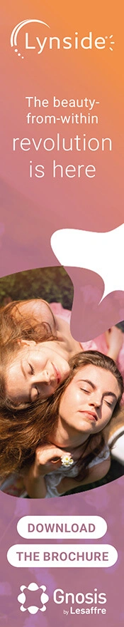 Lynside beauty-from-within banner featuring two relaxed women, a brochure download button, and Gnosis by Lesaffre branding.