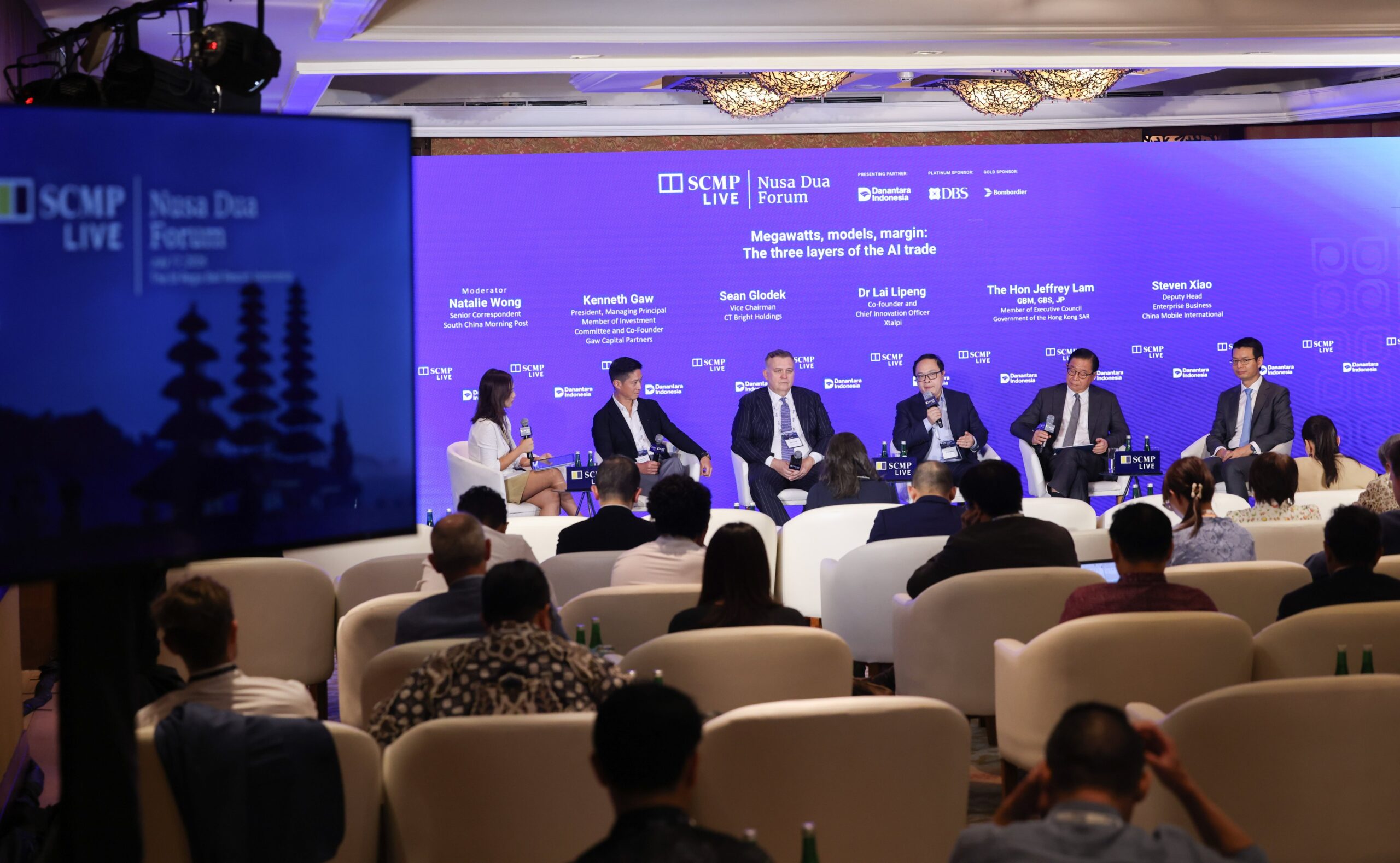 (From left) SCMP senior correspondent Natalie Wong; Kenneth Gaw, managing principal of Gaw Capital Partners; Sean Glodek, vice-chairman of CT Bright Holdings; Lai Lipeng, co-founder and chief innovation officer of Xtalpi; Executive Council member Jeffrey Lam; and Steven Xiao, deputy head of enterprise business of China Mobile International. Photo: Nora Tam