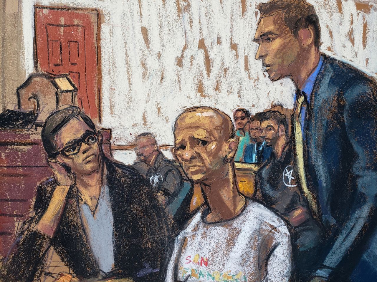 Former Venezuelan intelligence chief Hugo Carvajal appears at the Manhattan Federal Court with his lawyer, Zachary Margulis-Ohnuma next to him, for a hearing over the U.S. drug trafficking charges on him, following his extradition from Spain, in New York, on July 20, 2023 in this courtroom sketch.