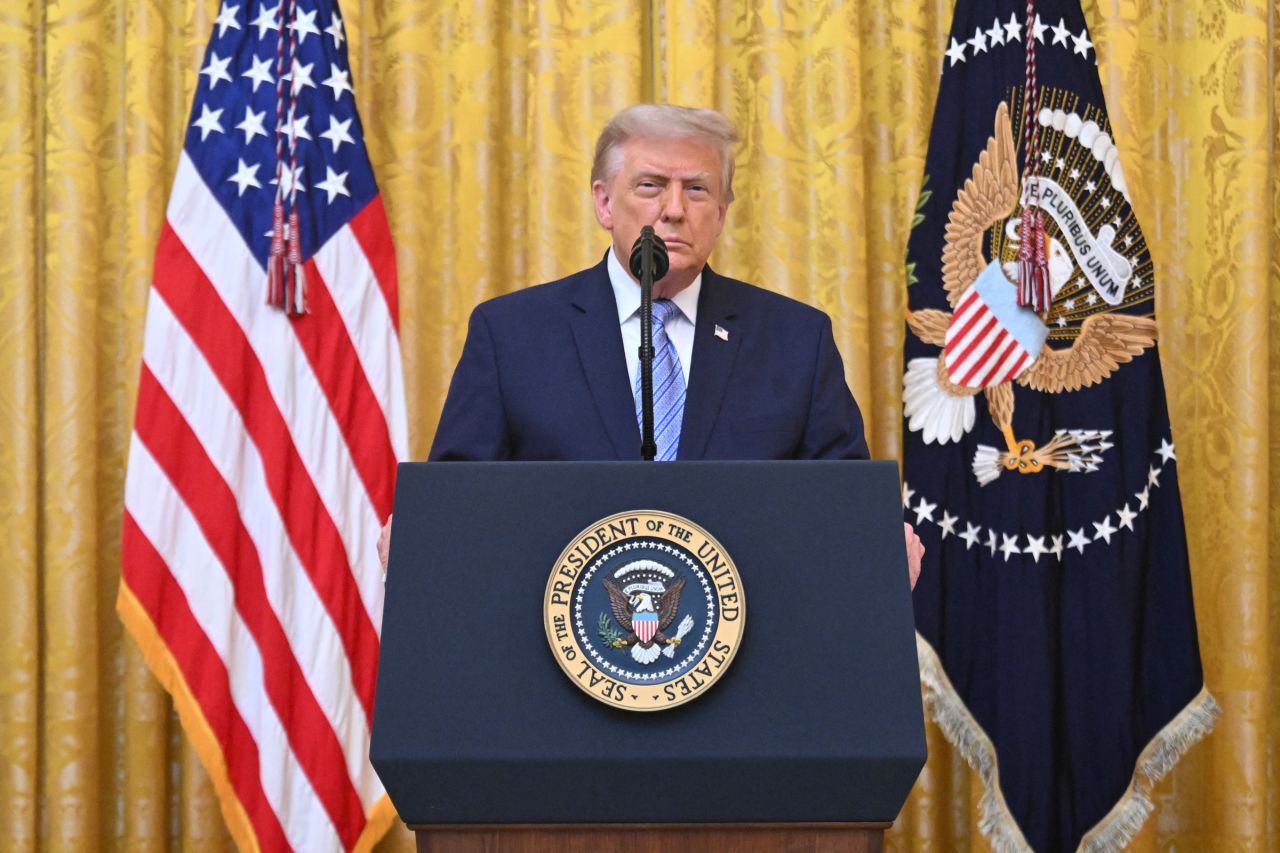 President Donald Trump addresses the nation from the East Room of the White House in Washington, DC on Thursday.