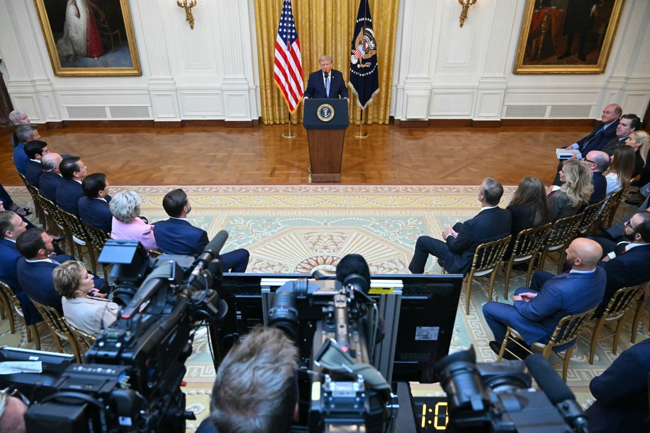 US President Donald Trump addresses the nation from the East Room of the White House in Washington, DC on Thursday.