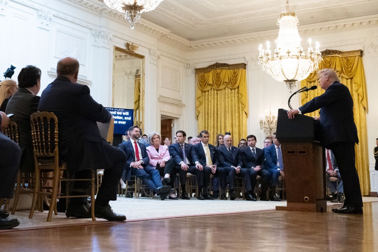 President Donald Trump addresses the nation from the East Room of the White House in Washington, DC on Thursday.