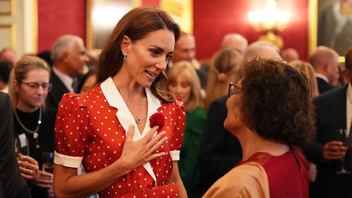 Catherine, Princess of Wales, speaks to guests at a Cancer Research UK reception.