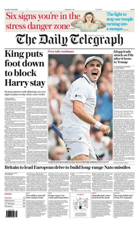 The headline on the front page of the Daily Telegraph reads: 'King puts foot down to block Harry stay.'