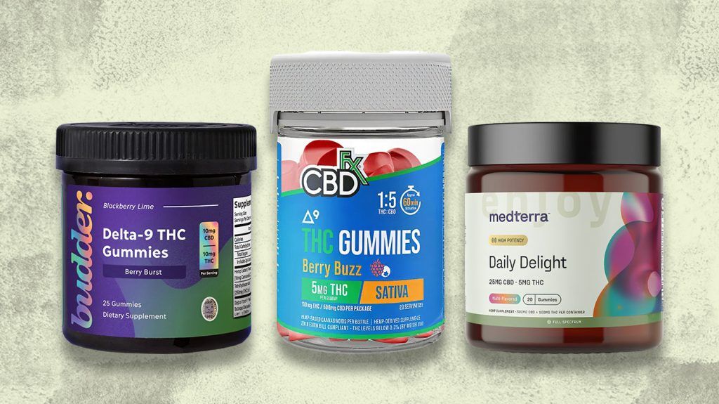 Three of the best CBD THC gummy products on a light green textured background.