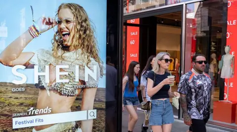 In Pictures via Getty Images Peolep walking past a bus stop advertising for Chinese e-commerce fashion company Shein on 11 July 2026 in London.