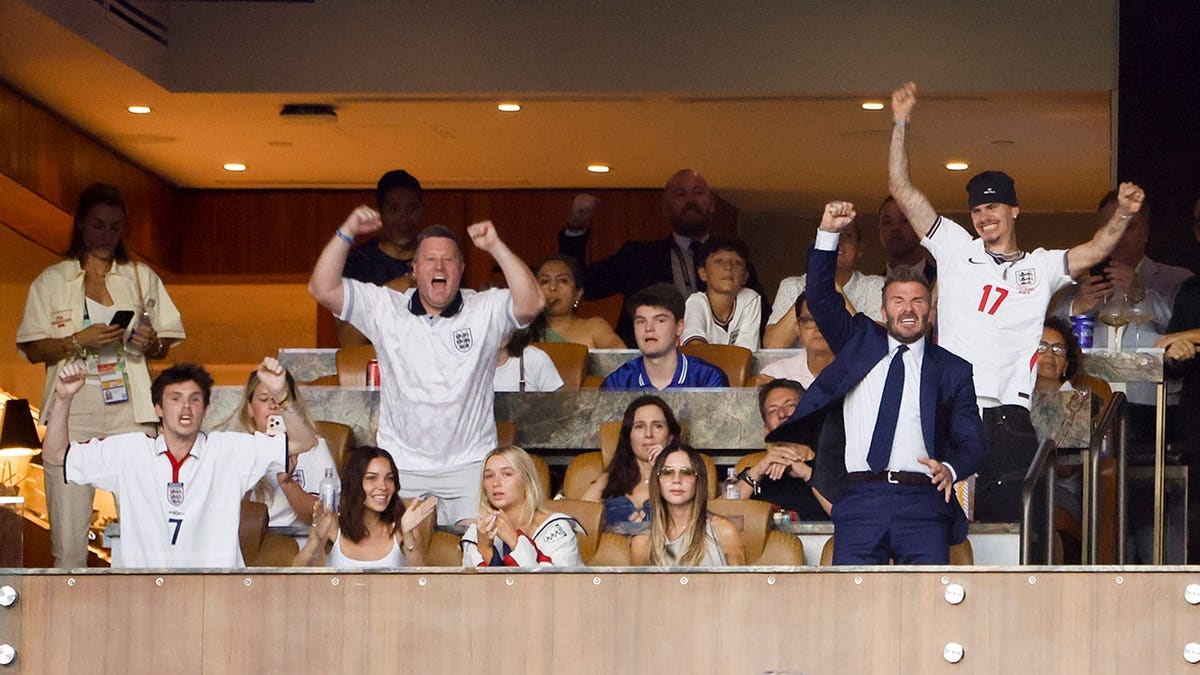 The Beckham family at the quarterfinal match between England and Norway in July 2026.