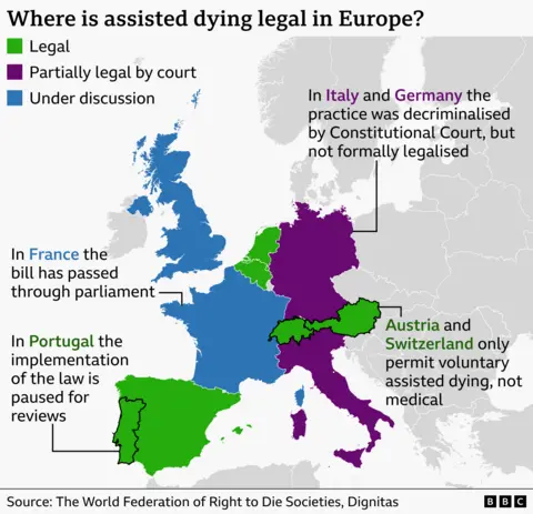 A graphic showing where assisted dying is legal in Europe
