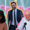 Democratic Socialists Zohran Mamdani, Bernie Sanders, and Darializa Avila Chevalier, standing in front of a colorful city