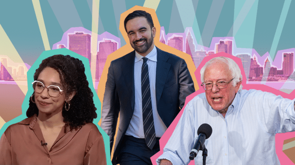 Democratic Socialists Zohran Mamdani, Bernie Sanders, and Darializa Avila Chevalier, standing in front of a colorful city