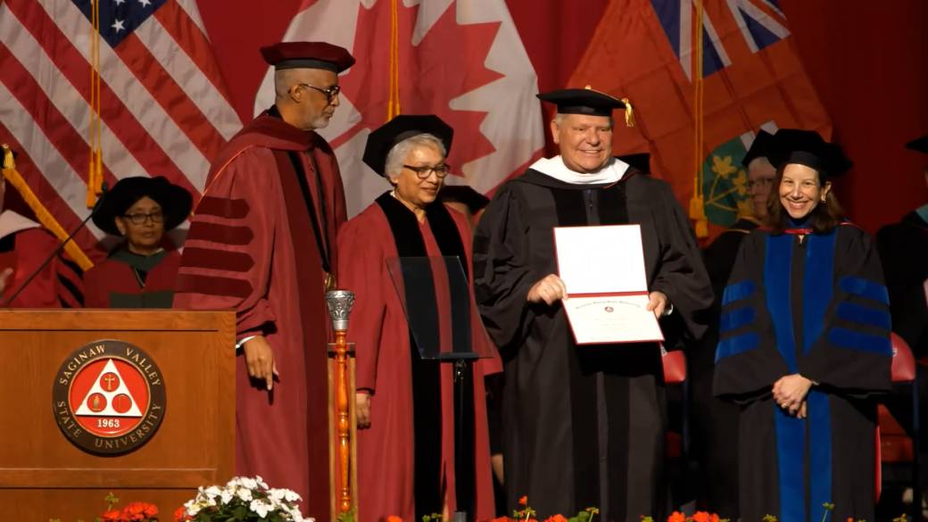 Click to play video: 'Doug Ford warns ‘markets shrink and collapse’ in Michigan commencement speech'