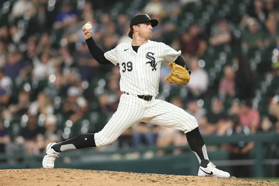 CHICAGO, ILLINOIS - APRIL 14: Lucas Sims #39 of the Chicago White Sox delivers a pitch during the sixth inning against the Tampa Bay Rays at Rate Field on April 14, 2026 in Chicago, Illinois. (Photo by Michael Reaves/Getty Images)