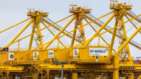 Getty Images A picture of a row of large DP World cranes at Port Botany in Sydney