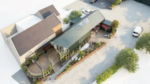 FEX Architecture An illustration of the overhead view of the proposed farm shop with a modern barn style building with glass and cladding. There is an outdoor space at the front of the building and lots of plants visible around the building.