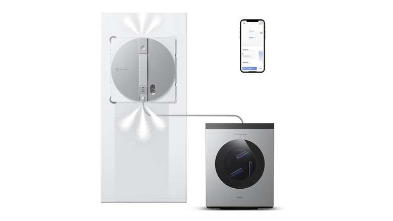 The Ecovacs Winbot W3 Omni robot window cleaner with its smartphone app against a white background.