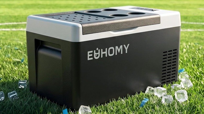 The Euhomy Rover A1 car refrigerator on grass, surrounded by ice cubes.