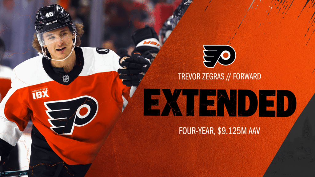 Philadelphia Flyers Agree To Terms With Forward Trevor Zegras On A Four-Year Contract Philadelphia Flyers Agree To Terms With Forward Trevor Zegras On A Four-Year Contract