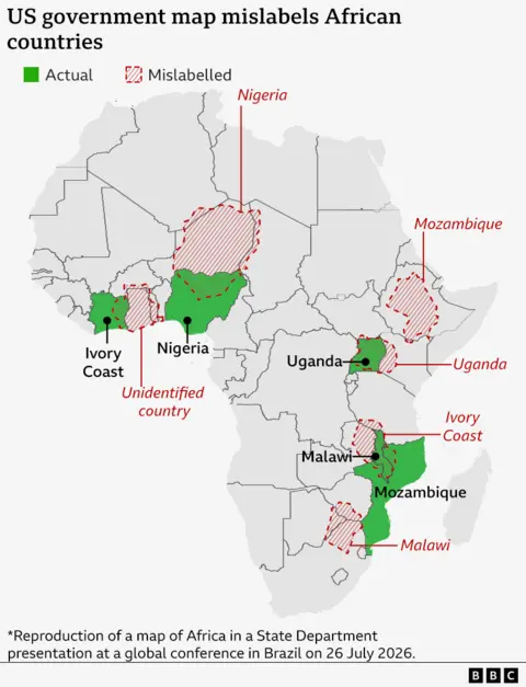 Map of Africa showing the real locations of Ivory Coast, Nigeria, Uganda, Mozambique and Malawi and the locations as given by the map in the US presentation.