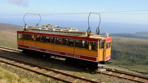 BBC A snaefell mountain tram is high up on a hillside, in the distance you can see the sea.