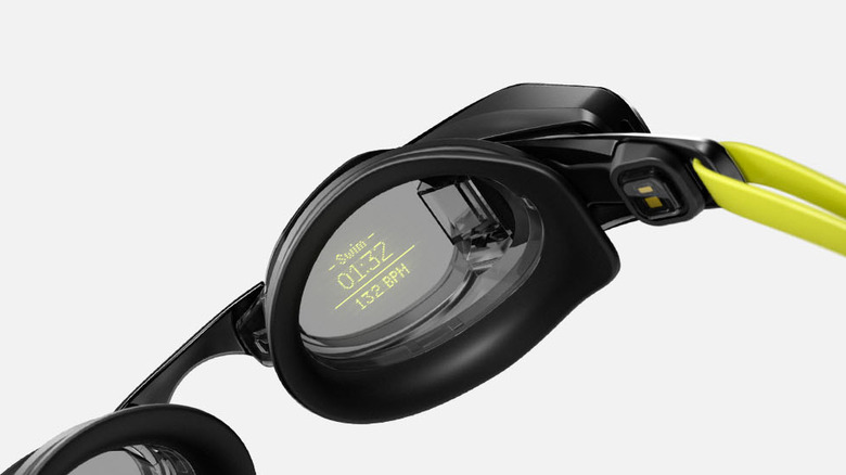The FORM Smart Swim 2 goggles showing data, against a white background.