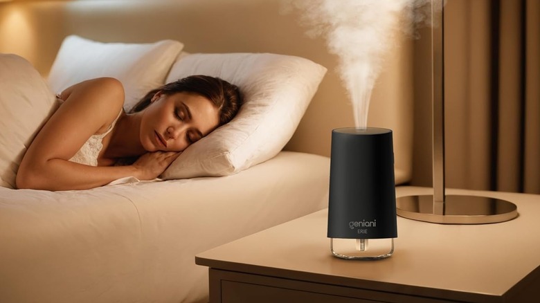 The Geniani Erie humidifier on a bedside table, while a person sleeps on a bed.