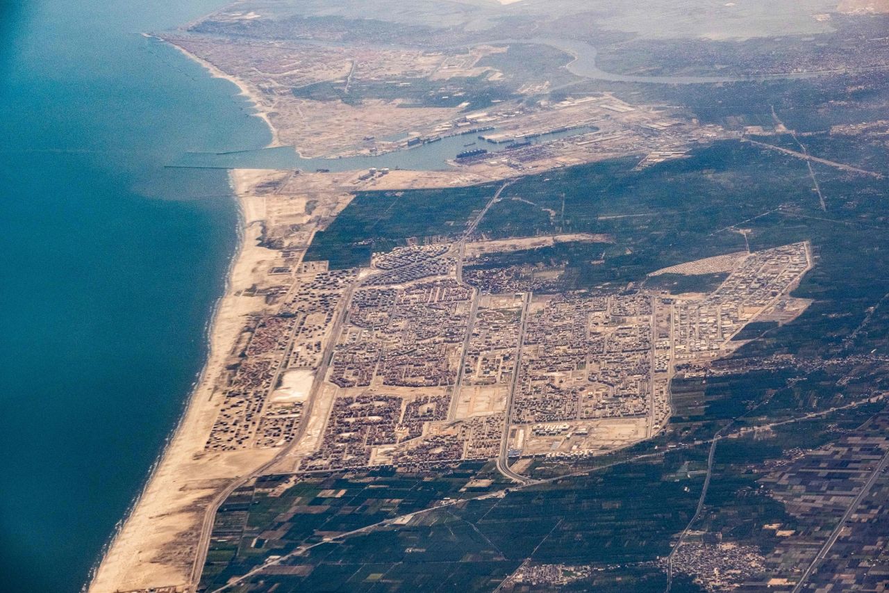 An aerial view of the port of Egypt's northern Mediterranean coastal city of Damietta on May 28, 2021.
