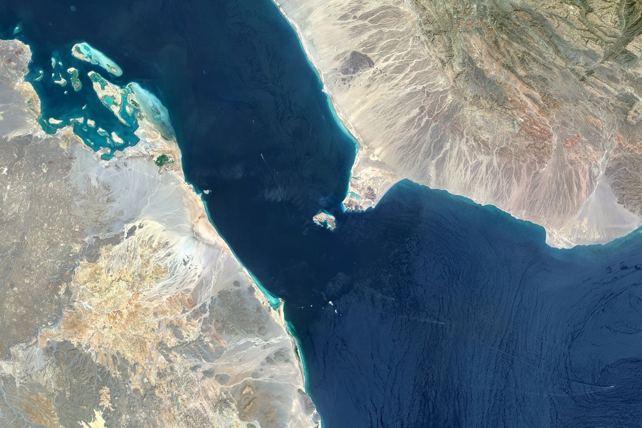 An aerial view of the Bab el-Mandeb Strait, a sea route connecting the Indian Ocean and the Mediterranean Sea via the Suez Canal.