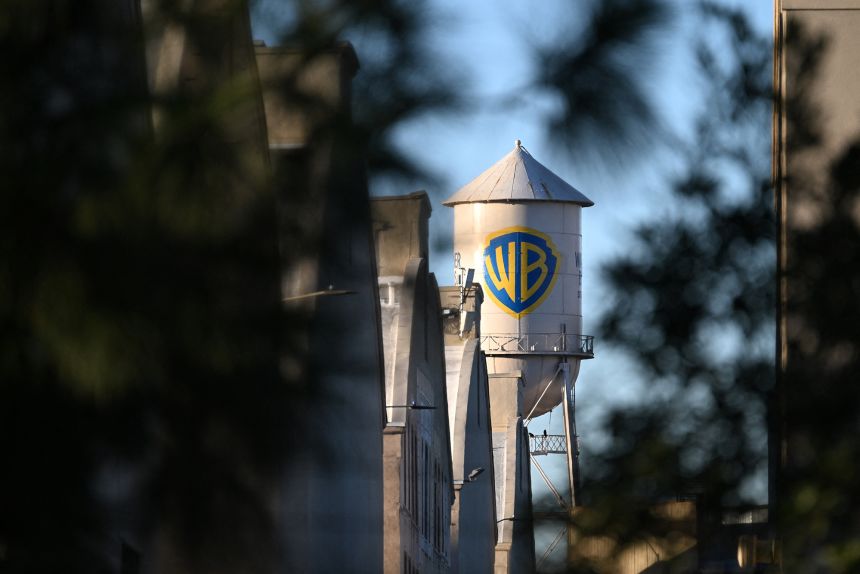 The WB water tower is seen at Warner Bros. Studios in Burbank, California, on December 9, 2025.