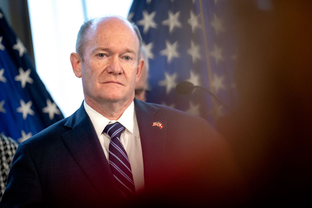 Chris Coons attends a press conference with an American delegation, consisting of senators and members of the House of Representatives, in Copenhagen, Denmark, on Jan. 17, 2026.