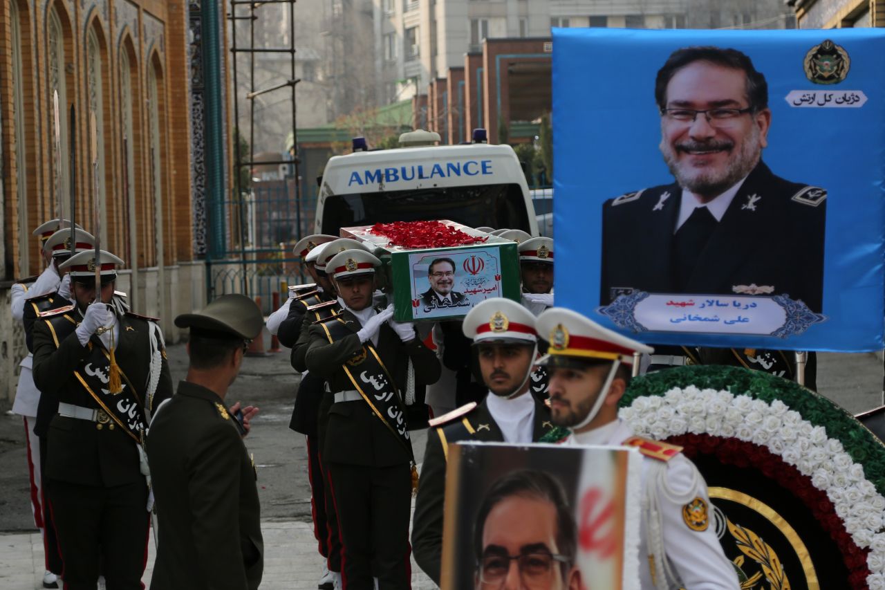 People attend the funeral ceremony for Ali Shamkhani, who was killed in attacks by the United States and Israel, at the Imamzadeh Saleh Shrine in Tajrish Square in Tehran, Iran, on March 14.