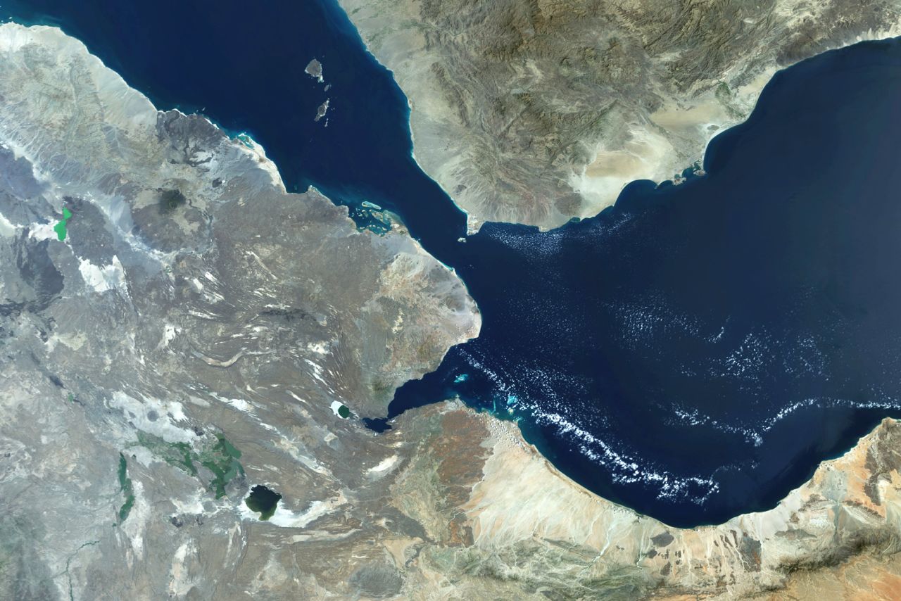Satellite view of the Bab al-Mandeb Strait.