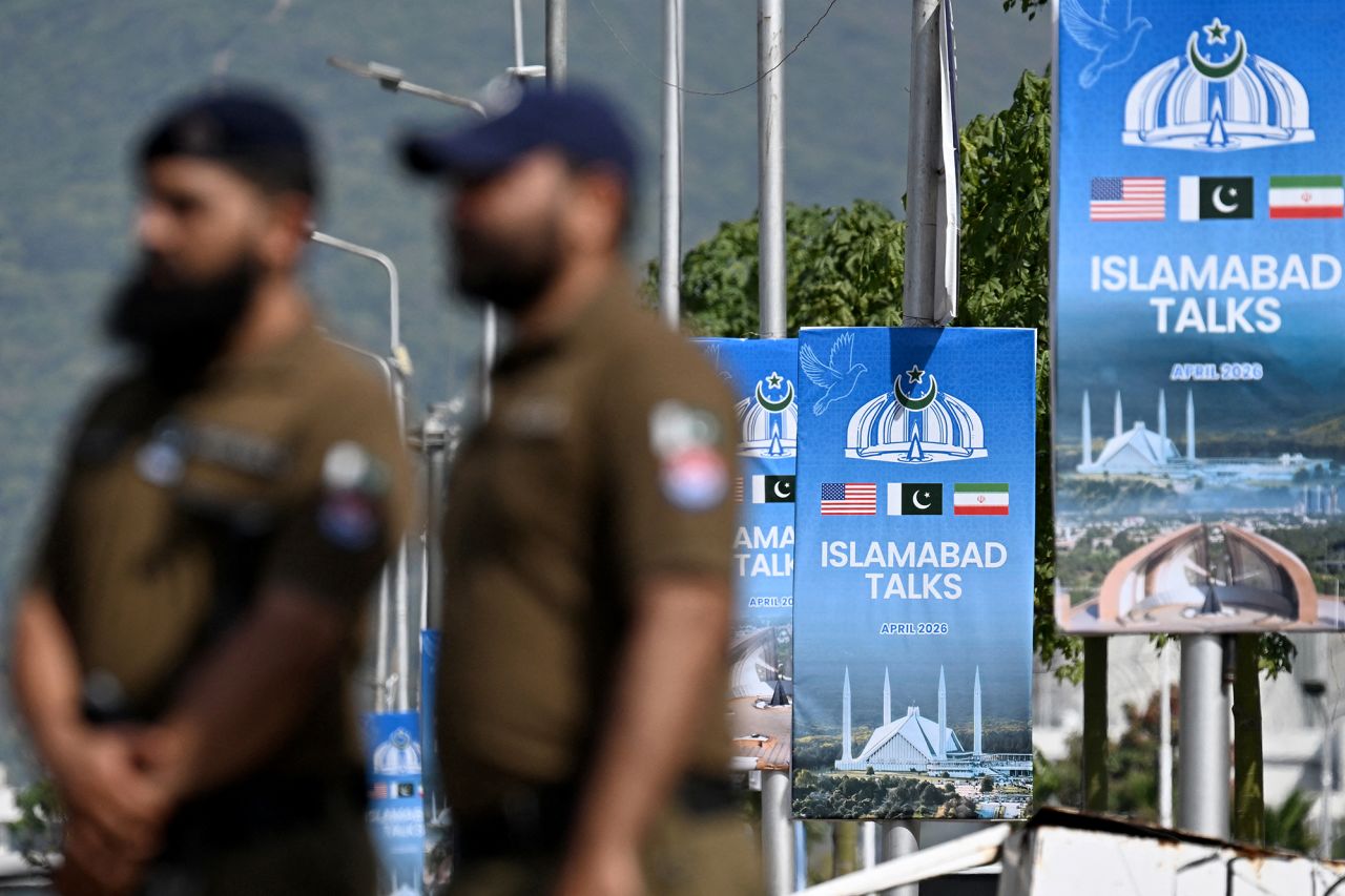 Security personnel stand guard at a checkpoint near the Serena Hotel ahead of anticipated US-Iran peace talks in Islamabad, Pakistan, on April 21.