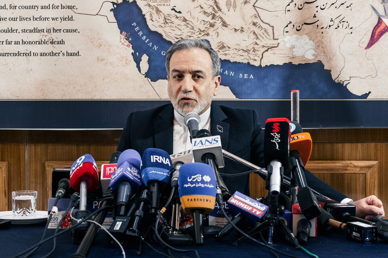 Iran's Foreign Minister Abbas Araghchi attends a press conference at the Iranian embassy in New Delhi, India, on May 15.