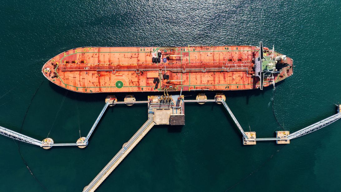 This aerial photo shows a tanker unloading imported crude oil at a terminal port in Qingdao, in China's eastern Shandong province on June 9, 2026.