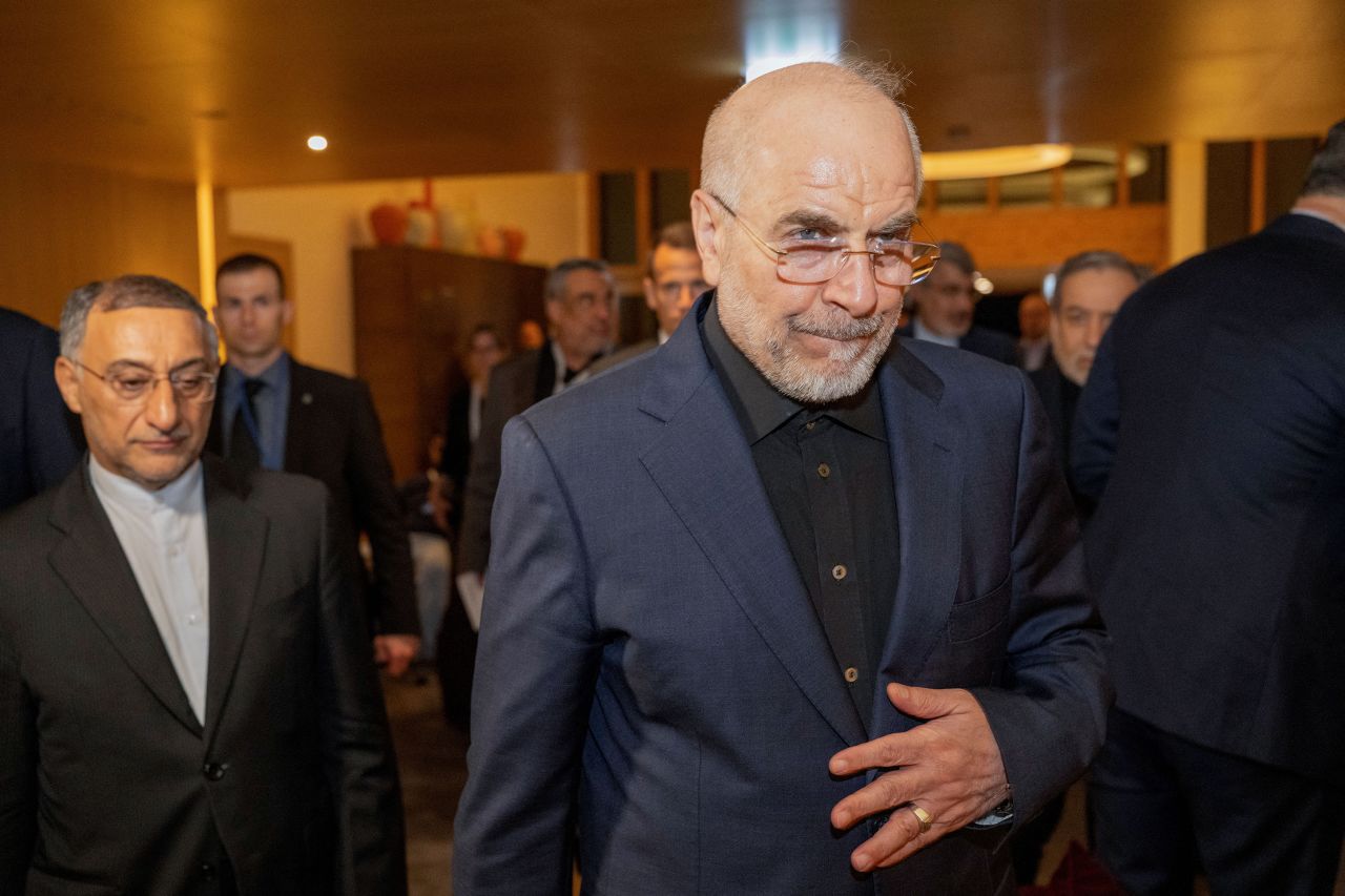 Speaker of the Parliament of Iran, Mohammad Bagher Ghalibaf (R) arrives at the Burgenstock resort in Obbuergen, near Lucerne on June 21, 2026.