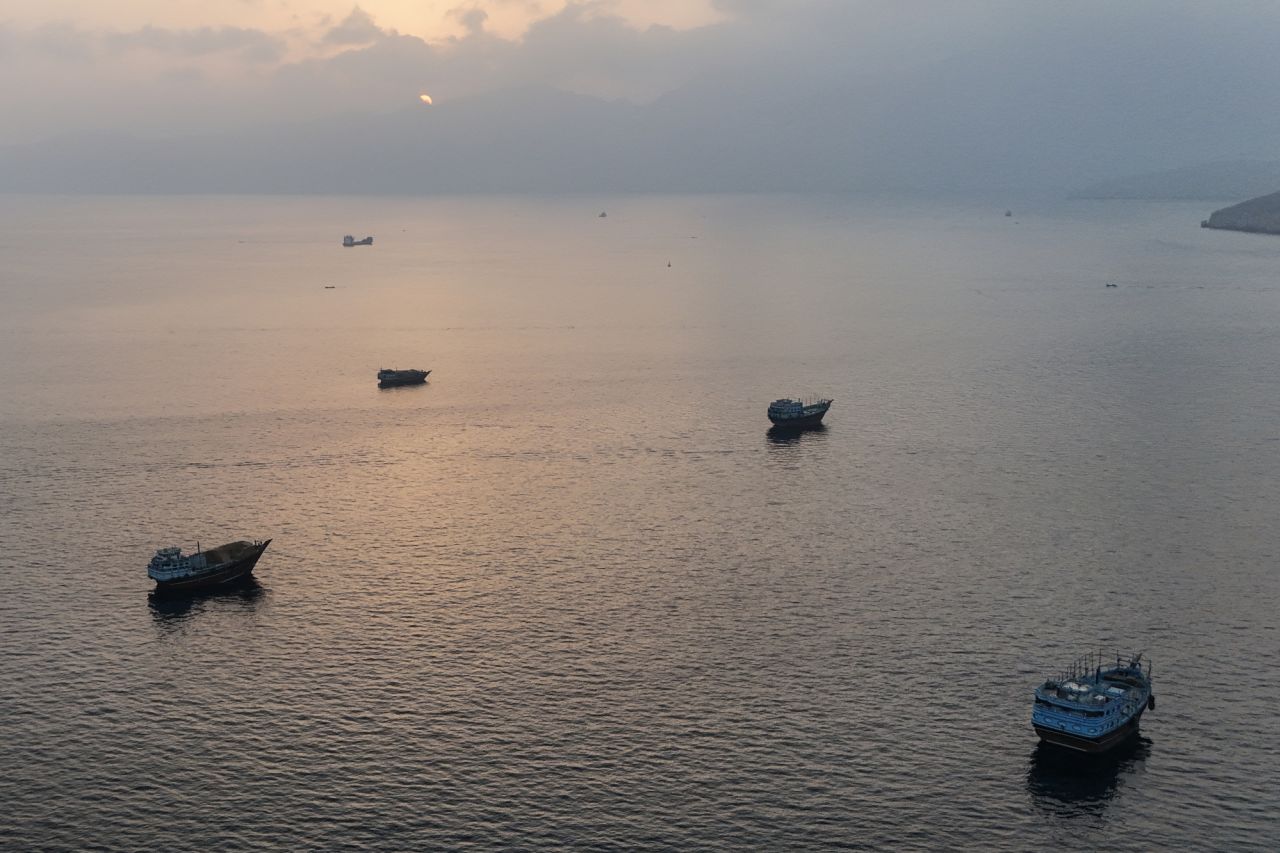 Boats are anchored off Oman's northern Musandam Peninsula near the Strait of Hormuz on June 27.