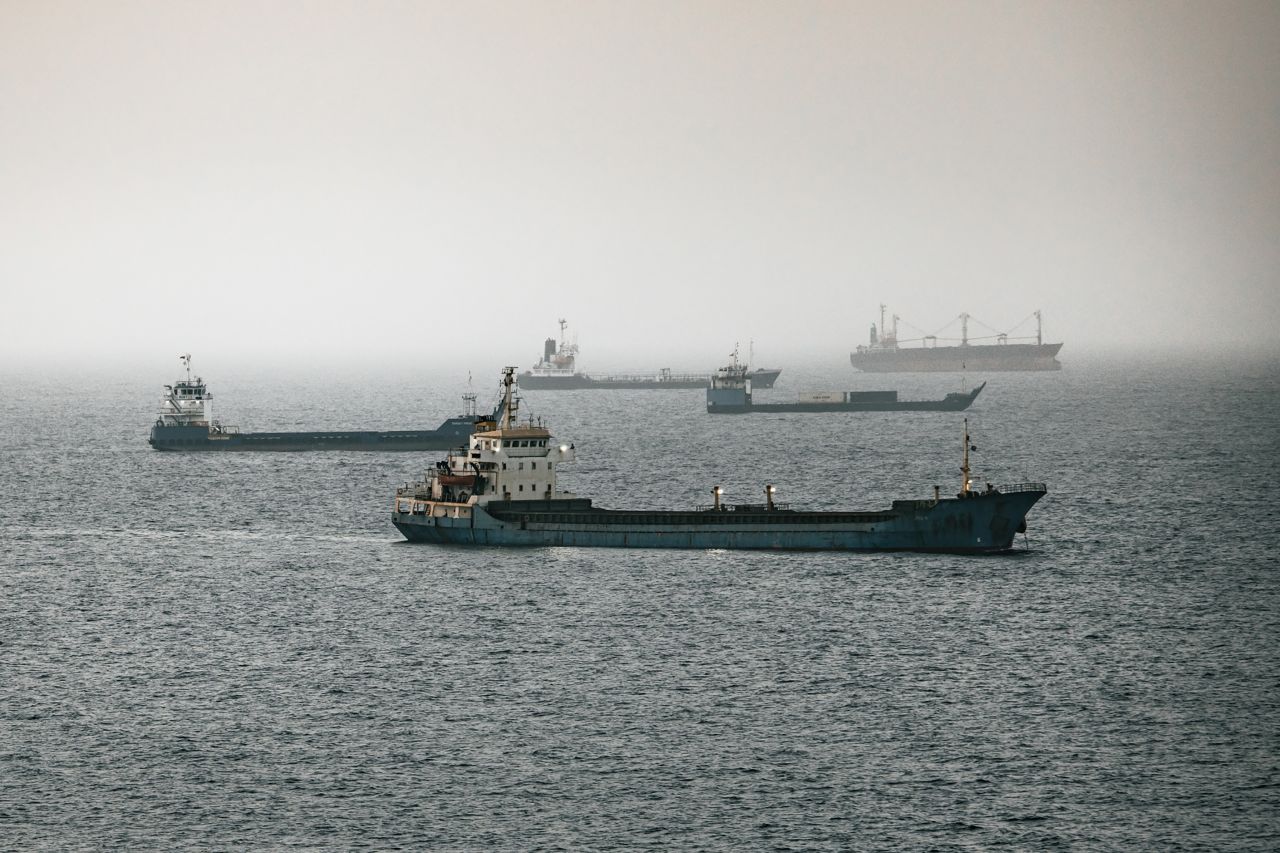 Crude oil tankers, bulk carriers and vessels sit anchored around Qaboos Port in Muscat, Oman, on June 22.