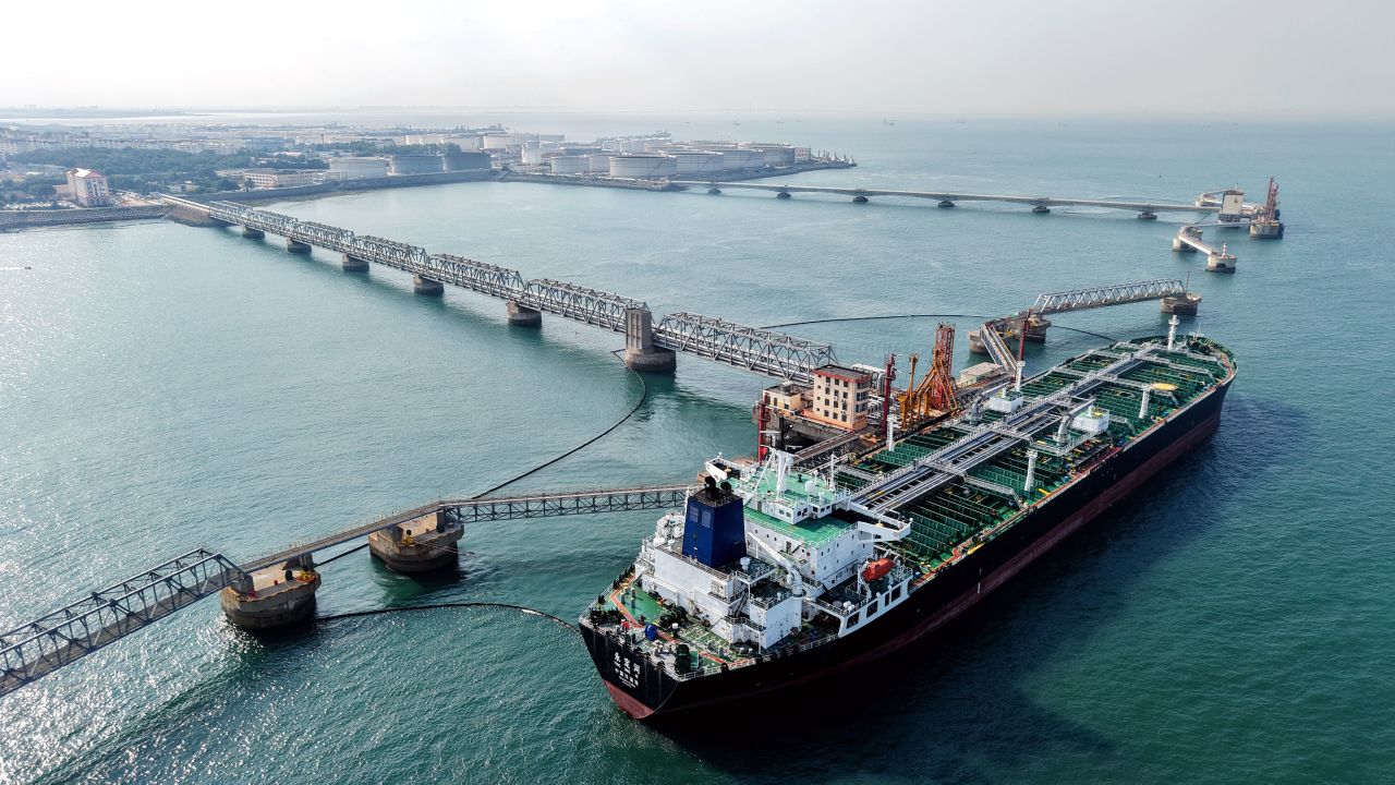 An oil tanker unloads imported crude oil at the oil terminal of Qingdao Port in Shandong Province, China, on July 6, 2026.