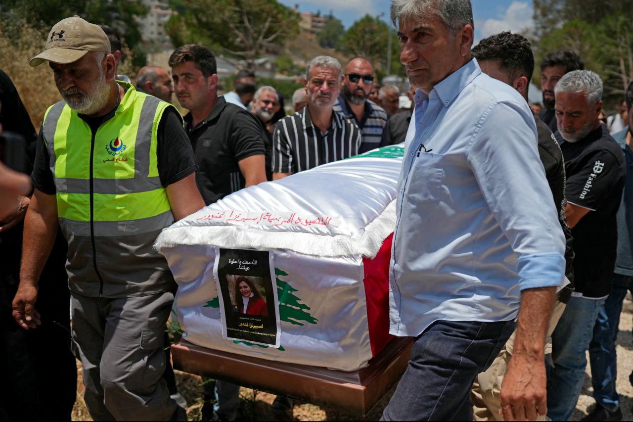 Mourners attend the funeral of three women killed in an Israeli drone strike in Nabatieh al-Fawqa, southern Lebanon, on Tuesday.