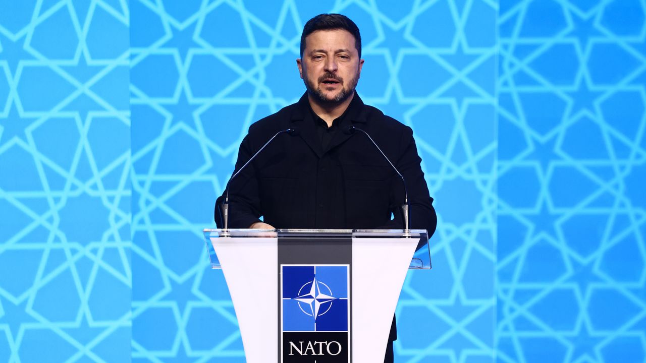 Ukrainian President Volodymyr Zelensky during the Defence Industry Forum at the NATO Summit in Ankara, Turkiye on July 7, 2026. (Photo by Jakub Porzycki/NurPhoto via Getty Images)