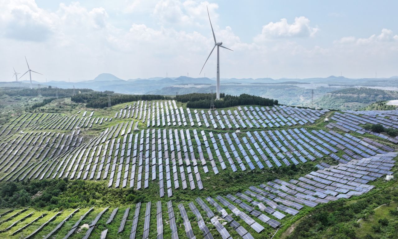 The wind and photovoltaic power station on the top of Mount Mi in Xuzhuang Town, Shanting District, Zaozhuang City, Shandong Province, China on July 8, 2026.