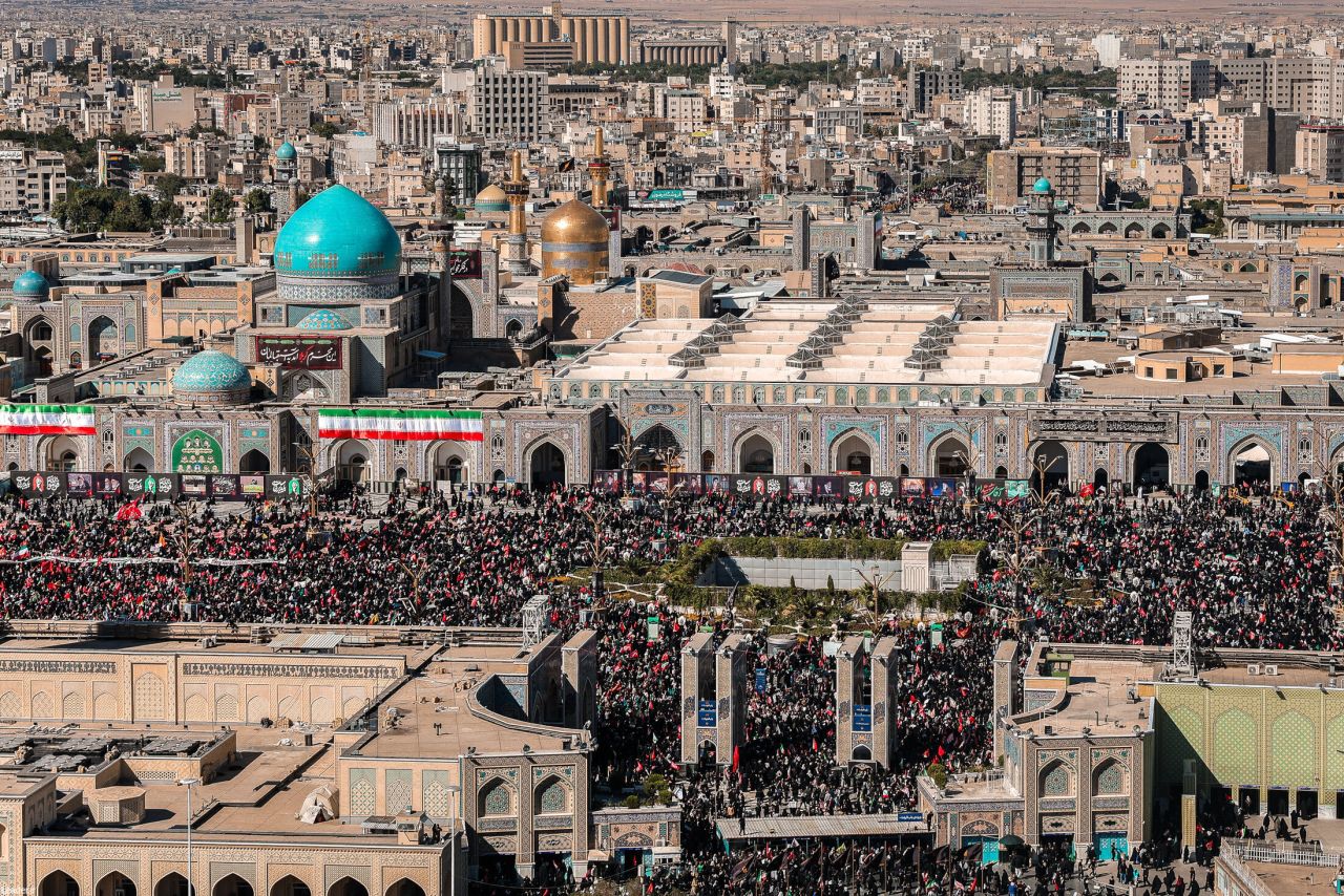 Thousands of people gather to participate in the funeral ceremony for the late Iranian Supreme Leader Ali Khamenei in Mashhad, Iran on July 9.